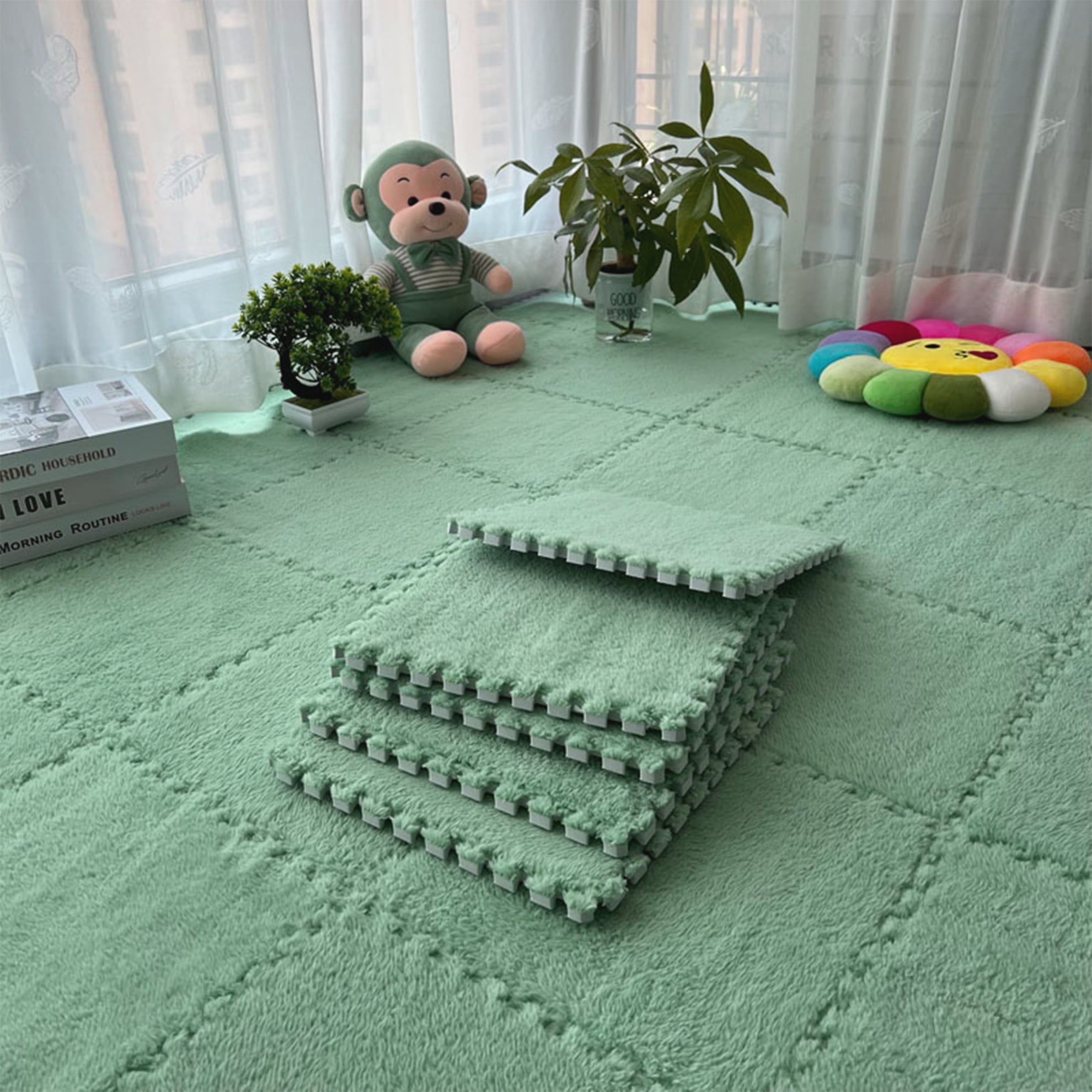 Interlocking Carpet Shaggy Soft EVA Foam Mats Fluffy Square Thickened Plush Tiles Protective Floor Tiles Exercise Play Mat for Children Kids Room Home Parlor Bedroom (Mint Green, 12 Pcs)