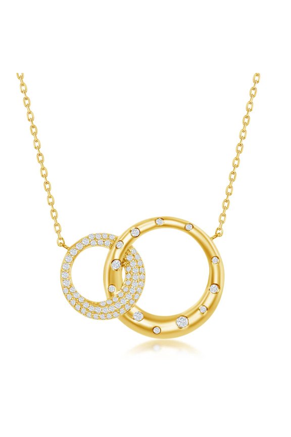 Interlocking Circle with Simulated Diamond CZ 16+2” Necklace Silver/14k Gold Plated Sterling Silver Valentines Jewelry for Women or Teens-Gold
