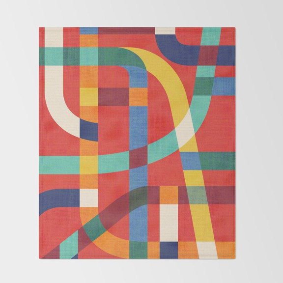 Interlocking Curves and Color Blocks Red Teal Blue Yellow Fleece Blanket, Polyester, 280 GSM, Geometric Style