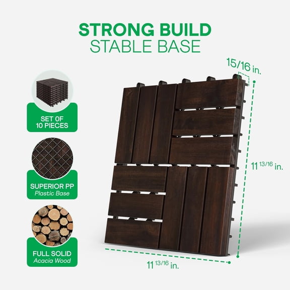 Interlocking Deck Tiles - 10PCS Waterproof Acacia Wood Patio Tiles, Flooring Tiles for Both Indoor and Outdoor - Decking Checker Pattern, 12 x 12 x 0.9 Inches, Dark Brown