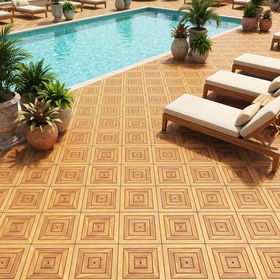 Interlocking Deck Tiles, 12 X 12 Inch, Acacia Wood, 24 Pieces, Waterproof, Natural Finish