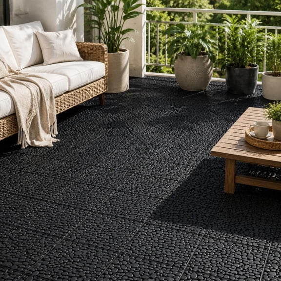 Interlocking Deck Tiles, 12 X 12 Inch, Black Plastic, Waterproof, Anti-Slip, For Outdoor Patio Flooring