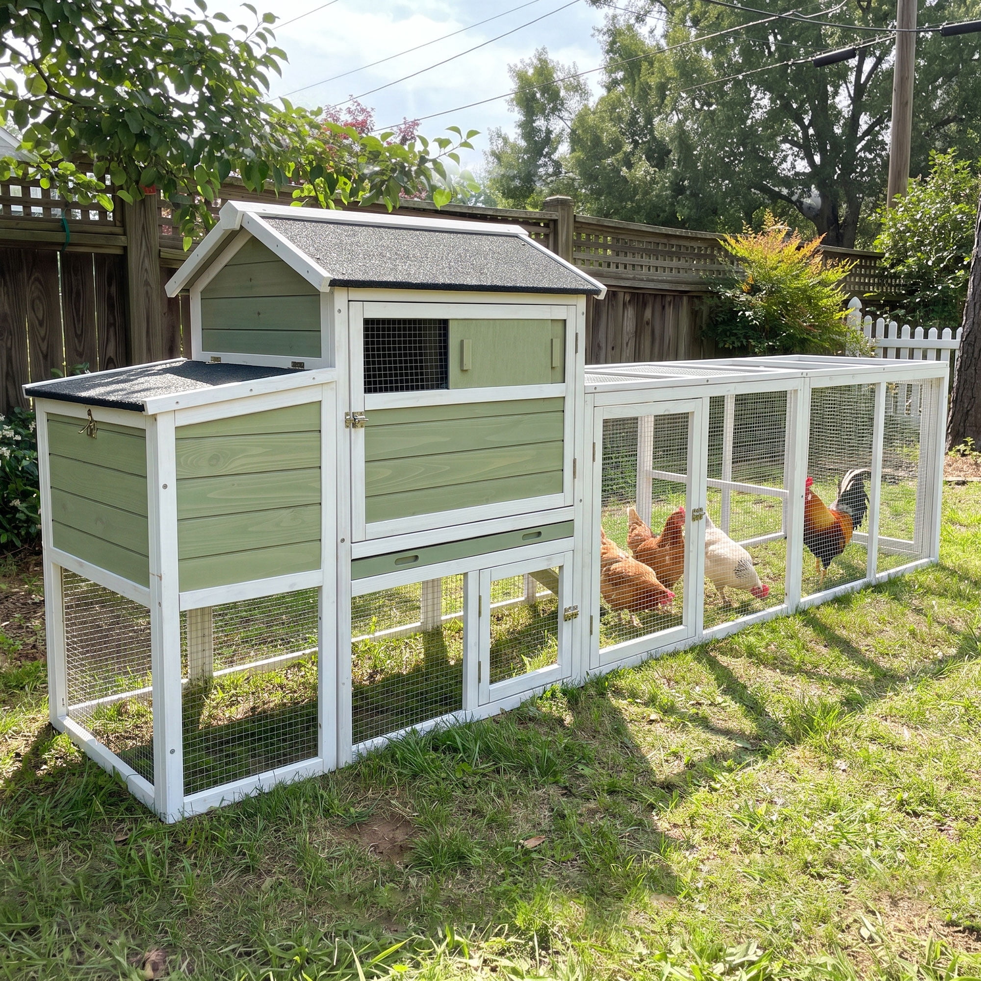 Backyard Chicken Coop with Nesting Box, Weather Resistant Wooden Hen House, Walk-In Run Options, Fits 2-6 Chickens, Green Coop with Run