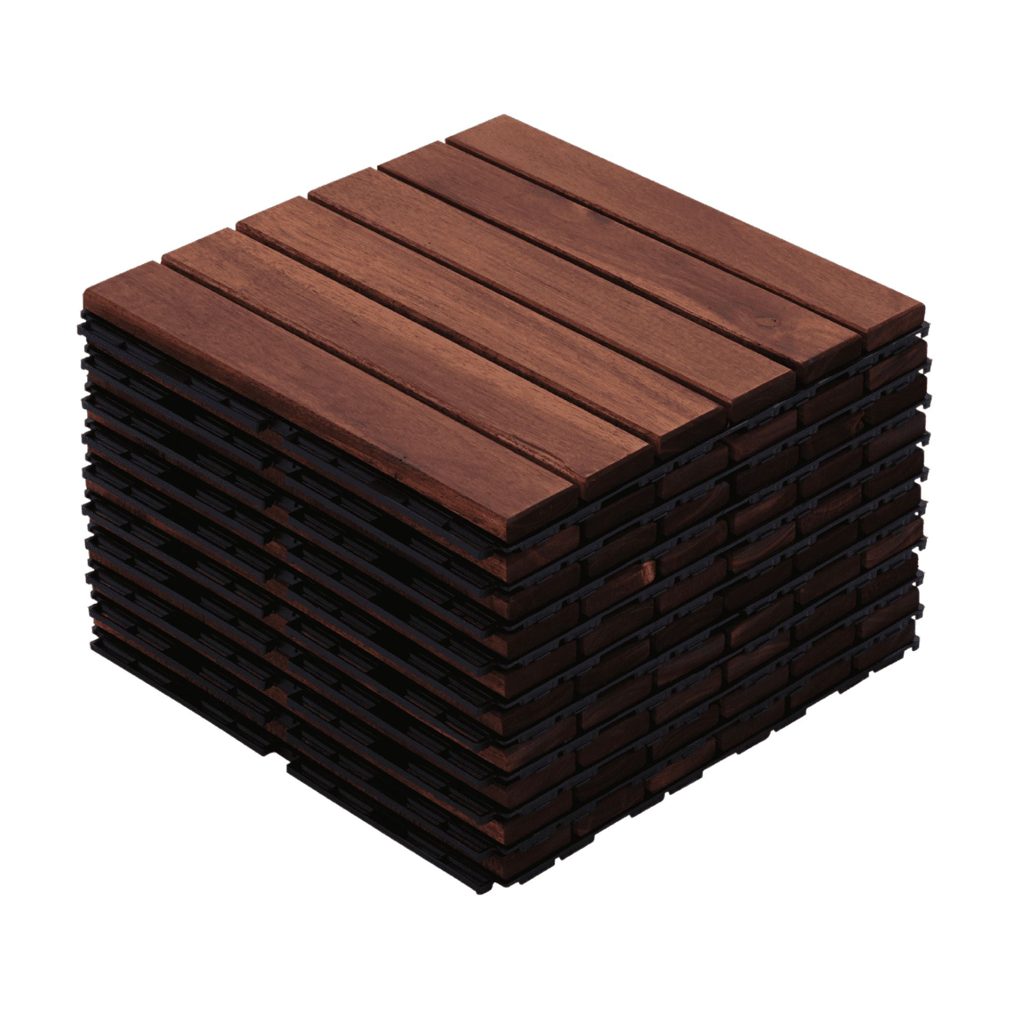 Interlocking Deck Tiles 12x12 in, Acacia Hardwood Outdoor Flooring with Striped Pattern and Waterproof Finish for Patio Balcony Poolside, Brown, 10pcs