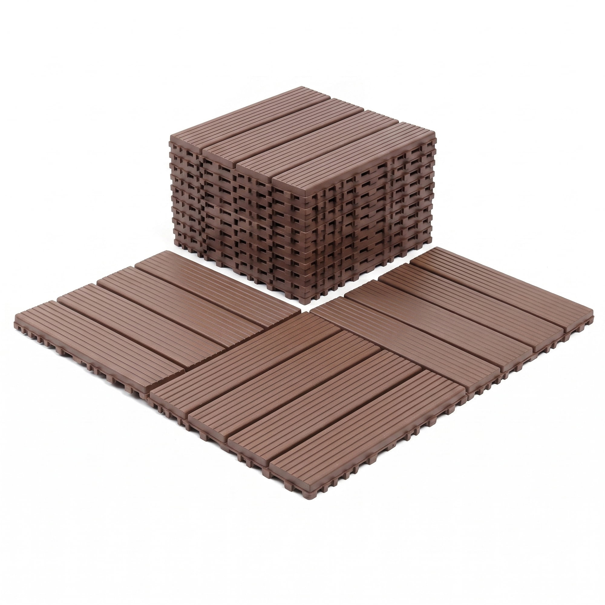 Interlocking Deck Tiles 12x12 in, Waterproof Non-Slip Outdoor Patio Flooring with Drainage Design, Snap Together Tiles for Poolside Porch Garden Backyard, Brown, 44pcs