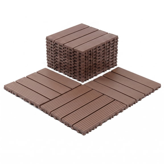 Interlocking Deck Tiles 12x12 in, Waterproof Non-Slip Outdoor Patio Flooring with Drainage Design, Snap Together Tiles for Poolside Porch Garden Backyard, Brown, 44pcs