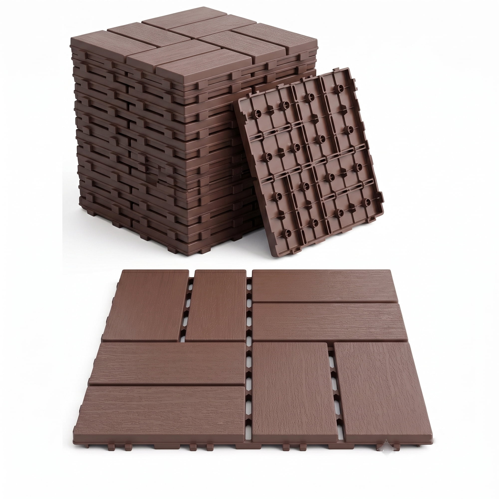 Interlocking Deck Tiles 12x12 in, Waterproof Non-Slip Outdoor Patio Flooring with Drainage Design, Snap Together Tiles for Poolside Porch Garden Backyard, Brown, 44pcs