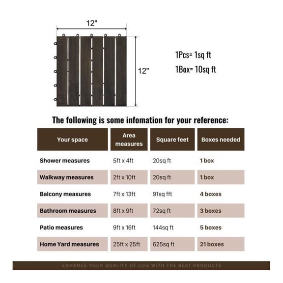 Interlocking Deck Tiles 30-Pack, 12x12 Dark Brown, Outdoor Flooring for Patio & Balcony