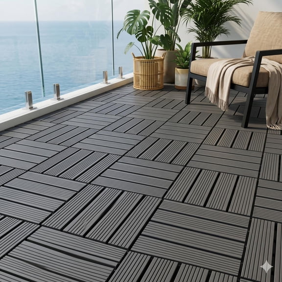 Interlocking Deck Tiles 44-Pack 12x12 Inch, Waterproof Patio Flooring and Snap Together Decking Tiles with Non-Slip Surface for Poolside Porch Garden, Gray