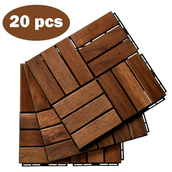 Interlocking Decking Tiles Outdoor, HSUNNS 12" x 12" (Set of 20 Tiles) Wooden Floor Tiles for Indoor and Outdoor, Outdoor Floor Tiles Patio Tiles Garage Tiles Patio Pavers, Brown, A6945