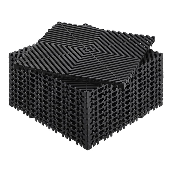 Interlocking Drainage Mat, 12" X 12" Modular Tiles, 12-Pack, Non-Slip Black PP Flooring.