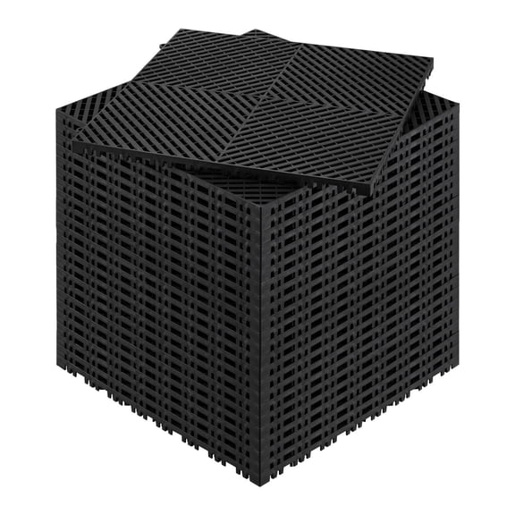 Interlocking Drainage Mat 15.7x15.7ft, 24-Piece Modular Floor Tile, Non-Slip Black PP Plastic.