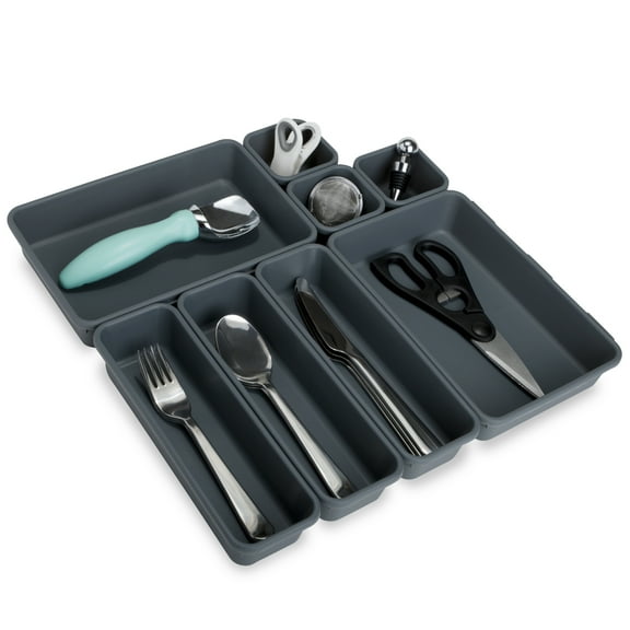 Interlocking Drawer Organizer - 8 Piece Set - BPA Free - Utensils, Flatware, Office, Personal Care, or Makeup Storage - Kitchen - Graphite Gray
