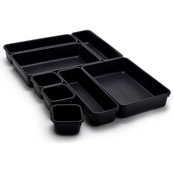 Interlocking Drawer Organizer Bins, Durable Plastic, Various Sizes for Custom Layout Design, Great for Desk Drawer, Tool Box or Garage Organization, (Black | 8-Piece Set)