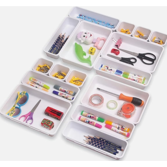 Interlocking Drawer Organizer Set of 16, Shallow Plastic Drawer Dividers, 1.8 Inch Deep Bins for Bathroom, Office, Kitchen