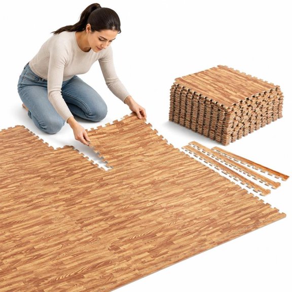 Interlocking Floor Tiles, 25-Tile Wood Grain EVA Foam Floor Mats with Borders, 100 Sq Ft, Waterproof