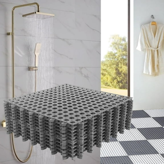 Interlocking Floor Tiles with Drain Holes Soft PVC Non Slip Shower Floor Mat Modular Interlocking Cushion Mat for Drain, Pool, Patio, Balcony, Kennel, Poultry, Floor Grid, Grey