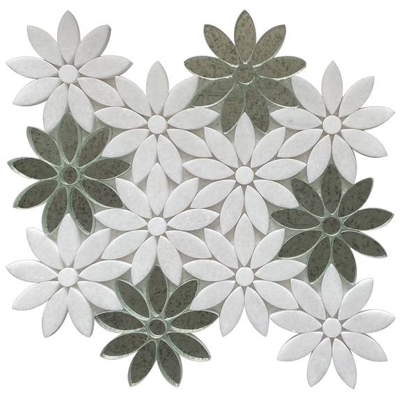 Interlocking Floral with Thassos & Antique Mirror 9-in x 11-in Waterjet Mosaic Floor and Wall Tile( 6.875 sq. ft. /Box )
