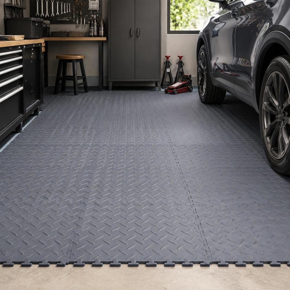 Interlocking Garage Floor Tiles, 16 Pack PVC Diamond Plate Floor Tiles ...