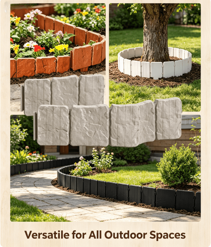 Interlocking Garden Fence Panel, Cobblestone Effect Plastic Retaining Edging, Imitation Stone Landscape Border for Lawn Flower Bed Yard Outdoor Decoration (White,20Pcs)