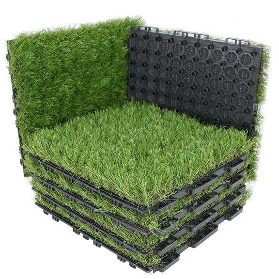 Interlocking Grass Tiles 12 X 12 Inch Self-draining Artificial Squares For Patio Balcony U Shape Buckle System 6 Pack