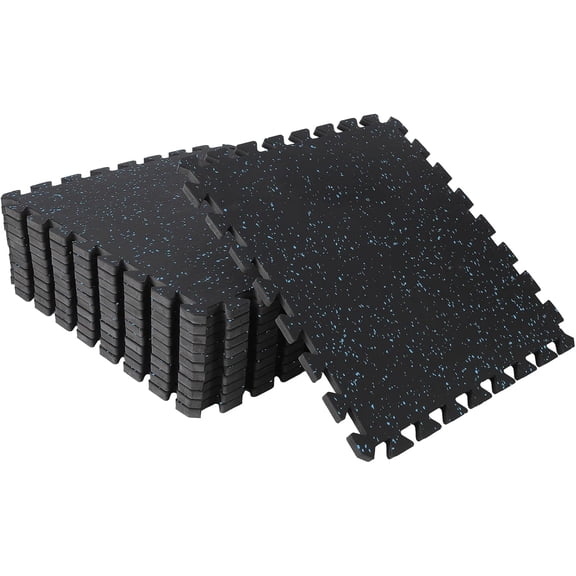 Interlocking Gym Floor Mats - 35 Sq Ft EVA Foam Flooring Tiles with Rubber Surface - Non Slip Waterproof Exercise Mat Set - Black Blue