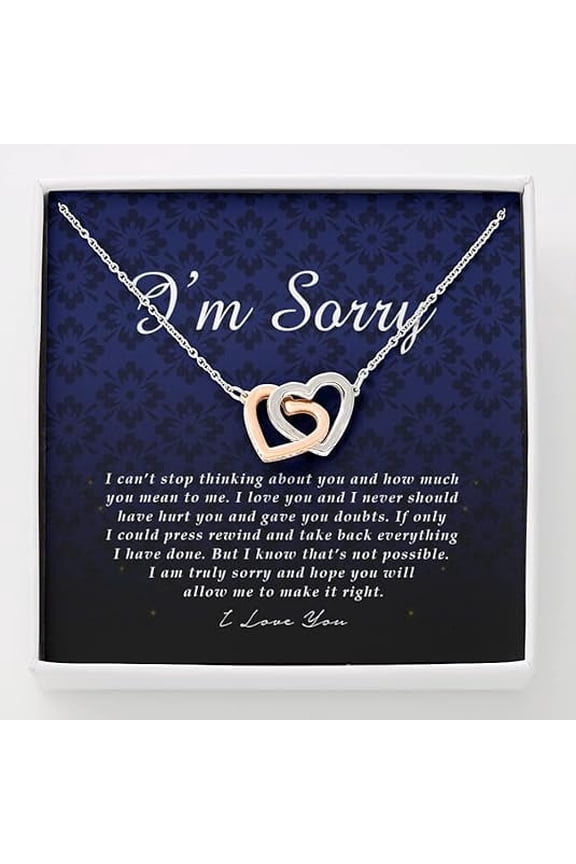 Interlocking Heart Necklace & Apology Card - Forgiveness Gift For Her, Unique Jewelry Card Set In Mahogany Box