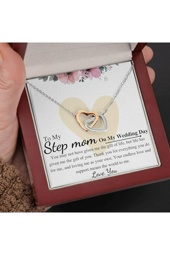 Interlocking Heart Necklace To Gift for stepmom on wedding day from bride with Personalized heart touching Message card