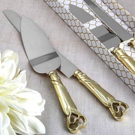 "Interlocking Hearts Design Cake Knife and Server Set, Wedding, Birthday, Anniversary, Gold Stainless Knife Set"
