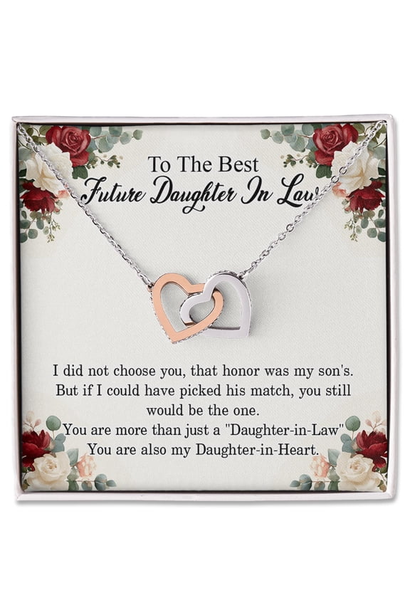 Interlocking Hearts Necklace, Future Daughter-in-Law Gift from Parents, Sentimental Jewelry with Loving Message, Meaningful Gift for Birthday or Holiday, Heartfelt Keepsake for Her