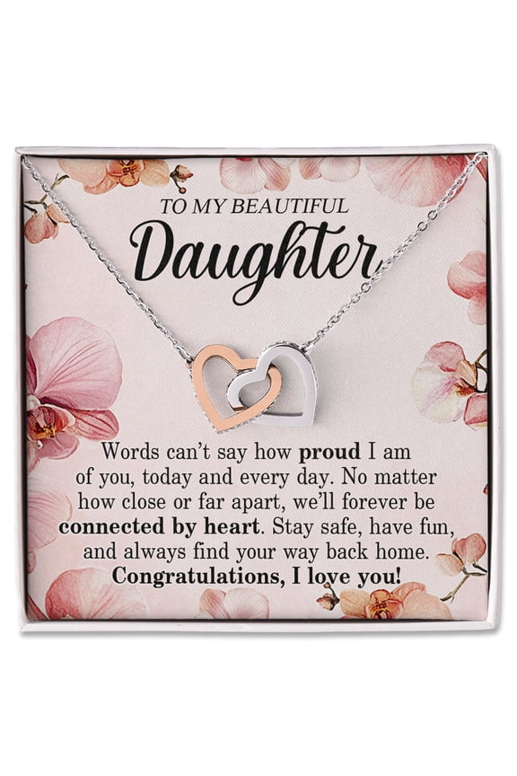 Interlocking Hearts Necklace, Gift For Daughter From Mom Or Dad, Proud Parent Graduation Present, Heartfelt Gift For Her, Birthday, Christmas, Milestone, Stay Safe, Connected By Heart