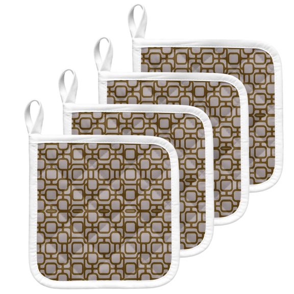 Interlocking Loops Bronze Pot Holders for Kitchen Heatproof Potholder, 4 Pack Geometric Middle Century Modern Hot Pads Multipurpose Oven Pads Terry Cloth Potholders Trivet for Cooking and Baking