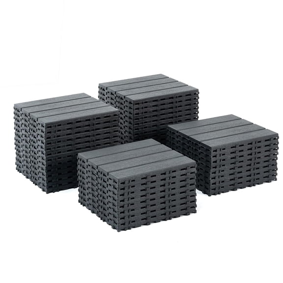 Interlocking Outdoor Floor Mat Set, 44 Pcs Waterproof Patio Floor Mats, Snap Together Plastic Deck Tile Mat for Balcony, Backyard, Porch, Modular Floating Outdoor Flooring Surface (Black stripes)