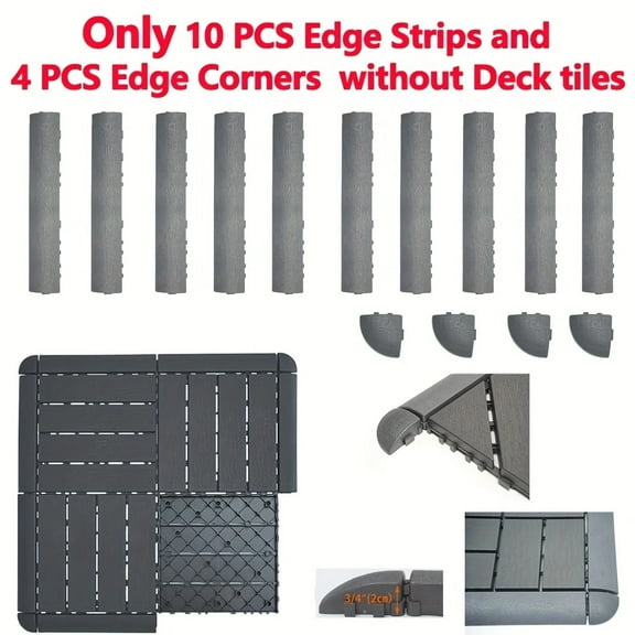 Interlocking Outdoor Plastic Floor Tiles (12"x12") - Slip-Resistant Deck Tiles For Patio, Poolside, Backyard, 10pcs Edge Trim+4pcs Corner/27pcs/44pcs(Edge Trim Sold Separately, Tiles Only)