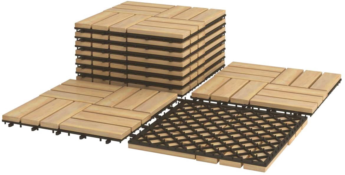Interlocking Patio Deck Tiles, Acacia Wood Deck Tiles, Tools Free Assembly, Wood Composite Patio Pavers, Pack of 10 Outdoor and Indoor Flooring Tiles, 12" x 12" (Checker Pattern)