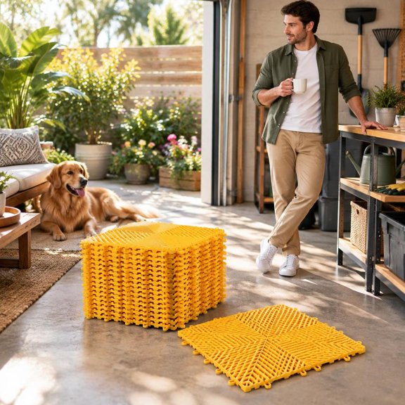 Interlocking Plastic Garage Floor Tiles, 25 Pcs, 15.6 X 15.6 In, Non-Slip Drainage Design for Garage Flooring