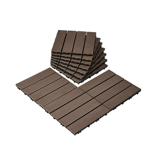 Interlocking Plastic Wood Deck Tiles 27 Pack 12x12 Inch 27 Sq Ft Waterproof Outdoor Flooring All Weather Patio Porch Poolside Balcony Backyard Covering Dark Brown
