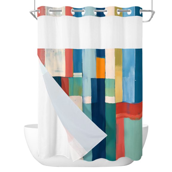 Interlocking Rectangles No Hook Shower Curtain with Snap in Liner, Abstract Minimalist Blue Green Red Block Waterproof Shower Curtains with See Through Top Window Liner for Bathroom, 72x84 Inches