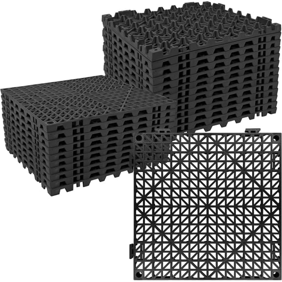 Interlocking Rubber Floor Mat 24 Pcs 11.8 Inch x 11.8 Inch with Drain Holes Non-Slip for Deck Shower Kitchen Pool Sauna Black