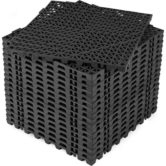Interlocking Rubber Floor Mat Set 18 Pieces 11.8 Inch Square with Drain Holes Non-Slip for Deck Shower Kitchen Pool Sauna Indoor Outdoor Black
