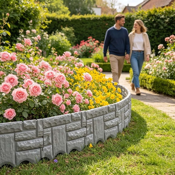 Interlocking Stone Look Garden Edging Flexible Plastic Landscape Border DIY Decorative Lawn Flower Bed Edge Barrier Gray(25.8x22cm)