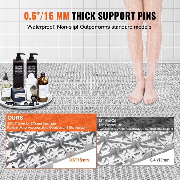 Interlocking Tile 55PCS Grey Drainage Tiles 12 x 12 x 0.6 Inch Splicing Soft PVC Interlocking Floor Tiles Non-Slip Drainage Holes for Restroom Bathroom Kitchen Pool Wet Area