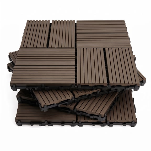 Interlocking WPC Deck Tiles 11.8"x11.8", Wood Plastic Composite Patio Floor Tiles, Waterproof Drainage Outdoor Flooring for Balcony, Backyard, Poolside, 25 Pack,-8 panel,(dark brown)
