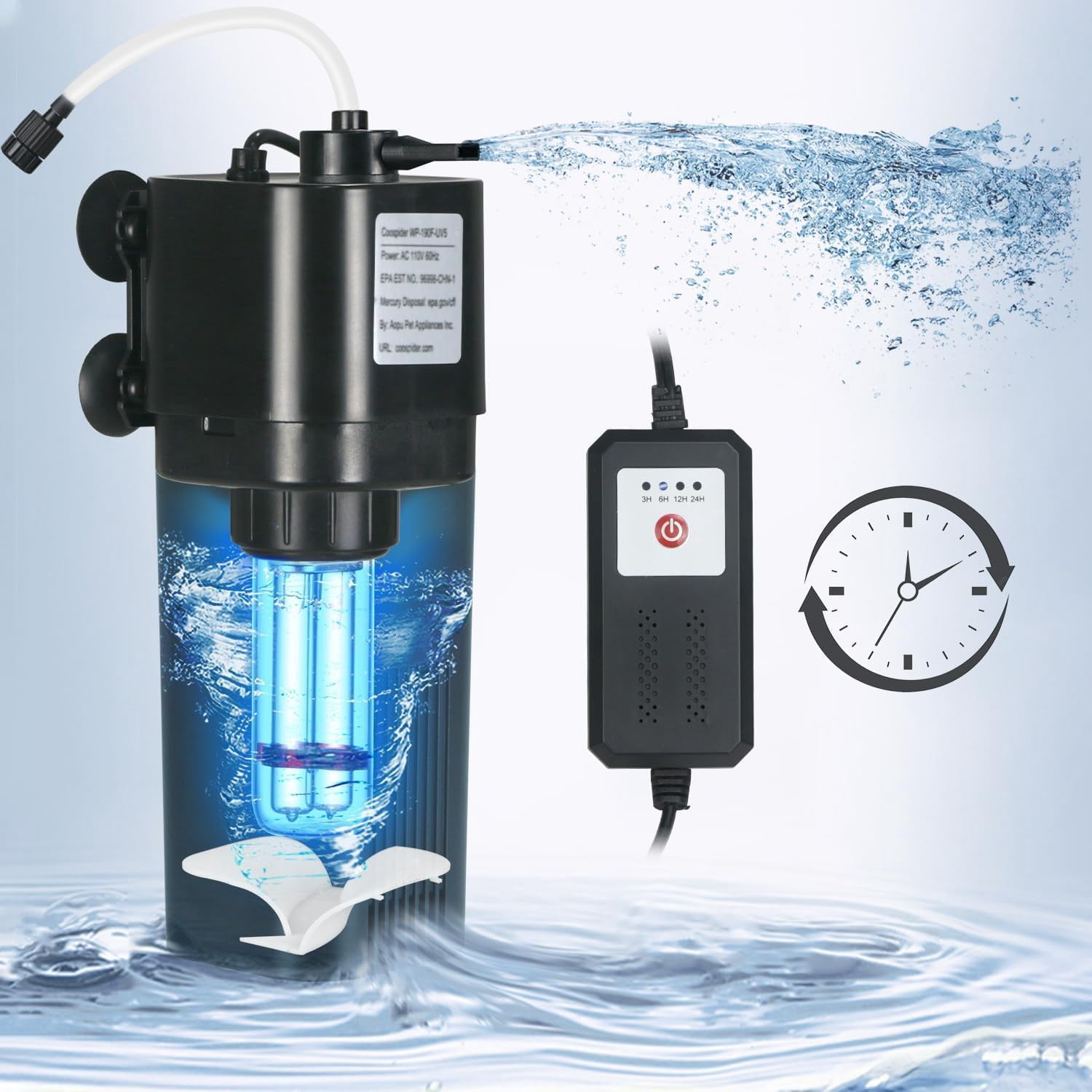 Internal Aquarium Filter with UV Sterilizer, Timer, Bio Sponge, and Air Pump for 20-75 Gallon Freshwater and Saltwater Tanks