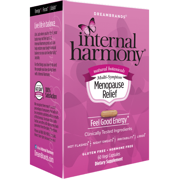 Internal Harmony Menopause Relief for Women - Hot Flashes and Night Sweat Relief, Reduce Stress, Calming and Energy Support contains geniVida, KSM-66 Ashwagandha, DIM, Dong Quai, Black Cohosh, 60 ct