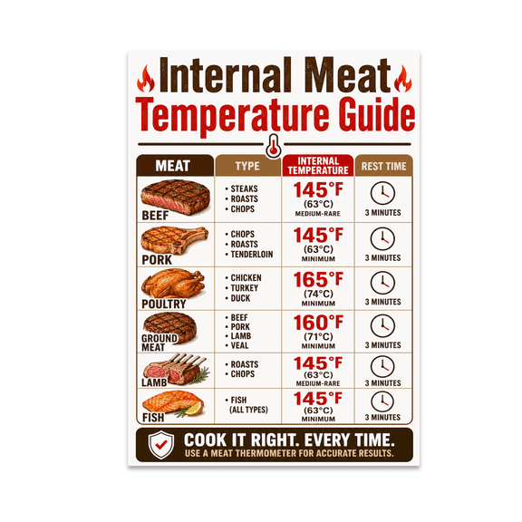 Internal Meat Temperature Guide - Kitchen Reference Chart - 13x19 Poster Print