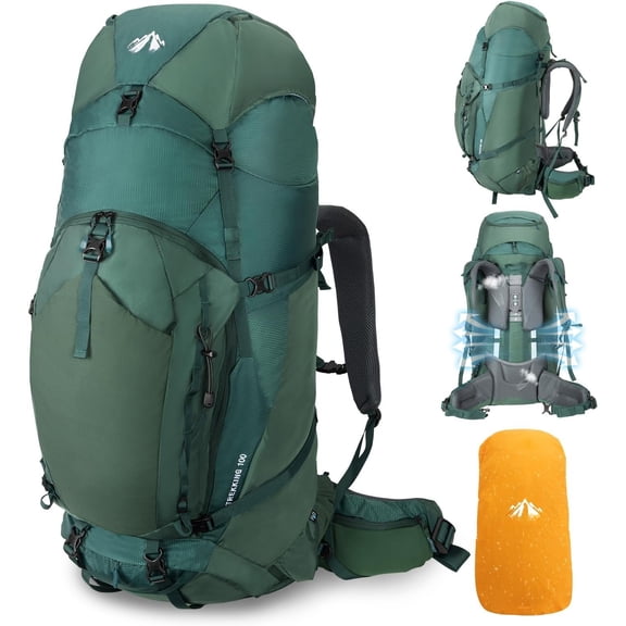Internal-frame Hiking Backpack: 100L Large Camping Backpack for Men Women Traveling Rain Cover Green