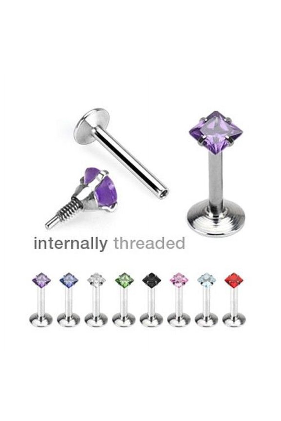 Internally Threaded Surgical Steel 16G 5/16 Labret with Prong Set Square Cut Gem