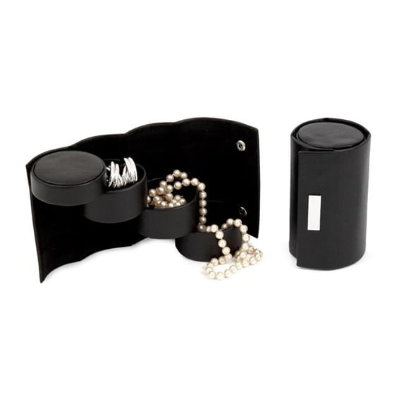 International Black Leatherette 3 Level Jewelry Roll with Snap Closure