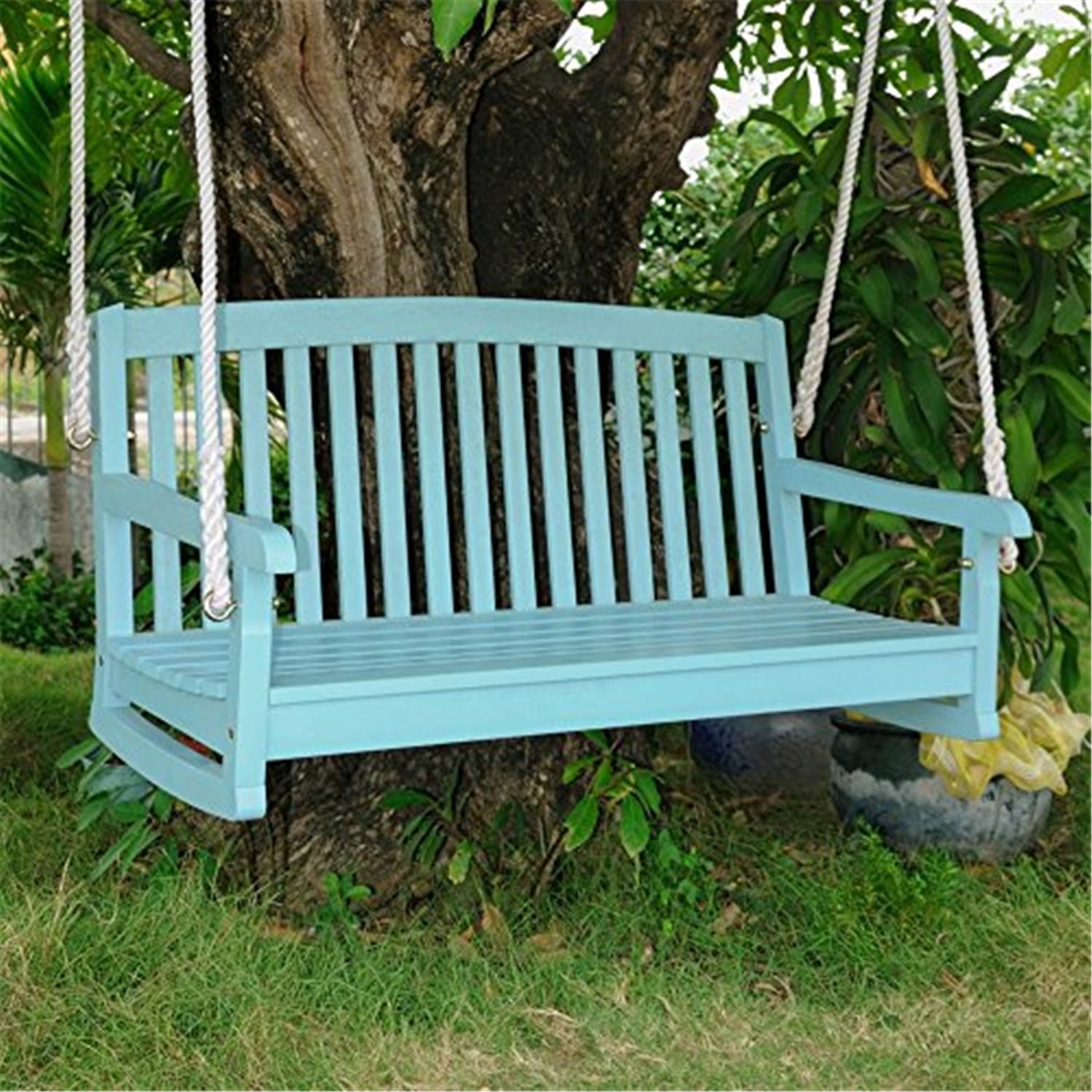 Sky Blue Acacia Two Seater Outdoor Swing with Curved Back